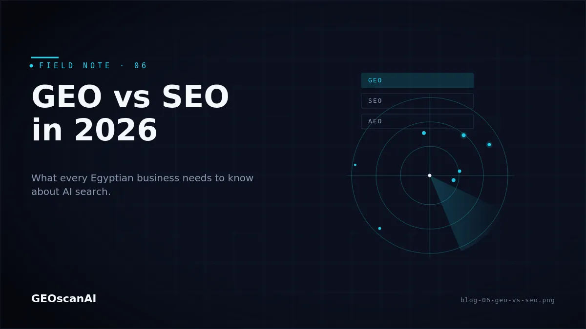 Split graphic comparing GEO and SEO strategies for Egyptian businesses in 2026